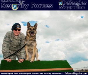 Senior Airman Heather Johnson, 5th Security Forces Squadron military working dog handler, and her MWD Cyndy, perch on top of an obstacle behind the kennels on Minot Air Force Base, N.D., July 29, 2014. Johnson has built a strong bond with Cyndy and because of constant training performing their daily duties is easy for the two of them. (U.S. Air Force photo/Senior Airman Stephanie Morris)