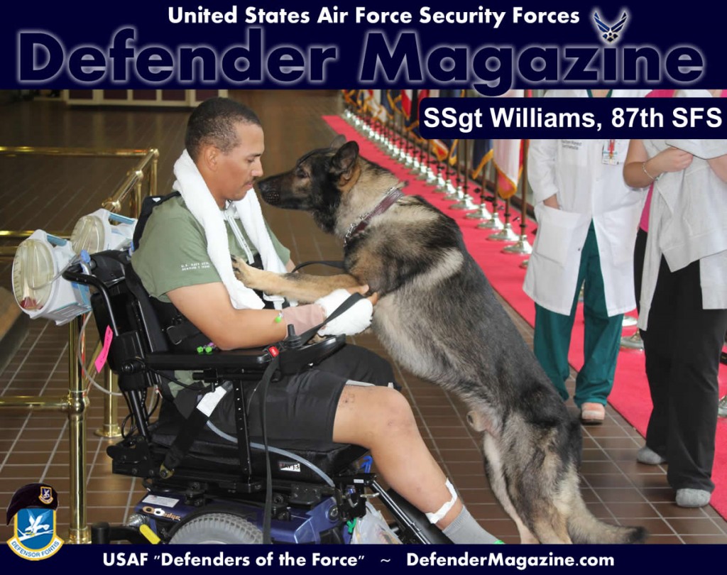 Staff Sgt. Brian Williams and his military working dog Carly greet each other at Walter Reed National Military Medical Center in Bethesda, Md. (Courtesy photo/Staff Sgt. Brian Williams)